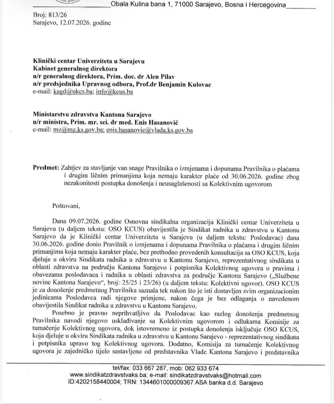 Dopis Sindikata KCUS-u i Ministarstvu zdravstva KS — stranica 1