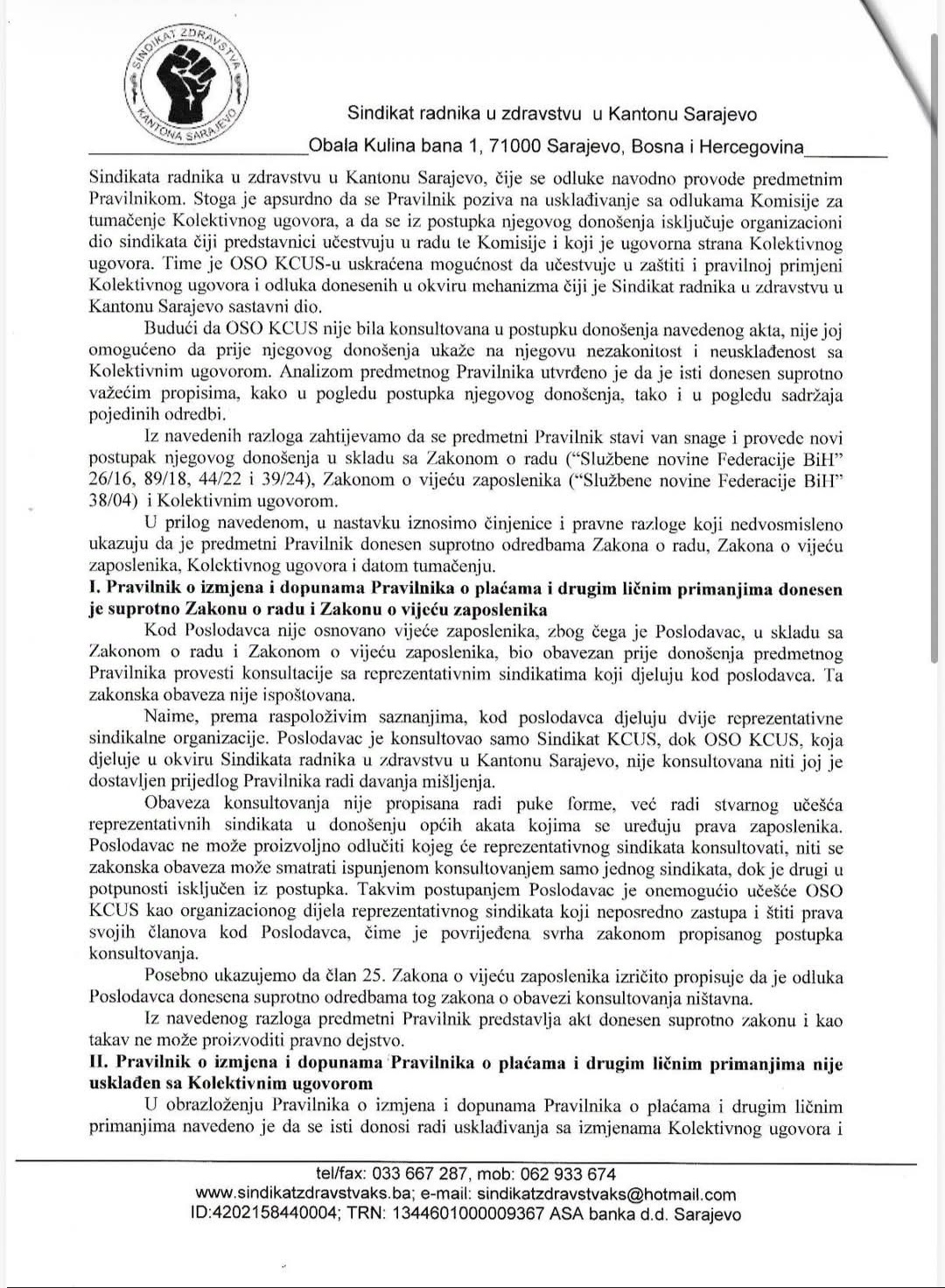 Dopis Sindikata KCUS-u i Ministarstvu zdravstva KS — stranica 2